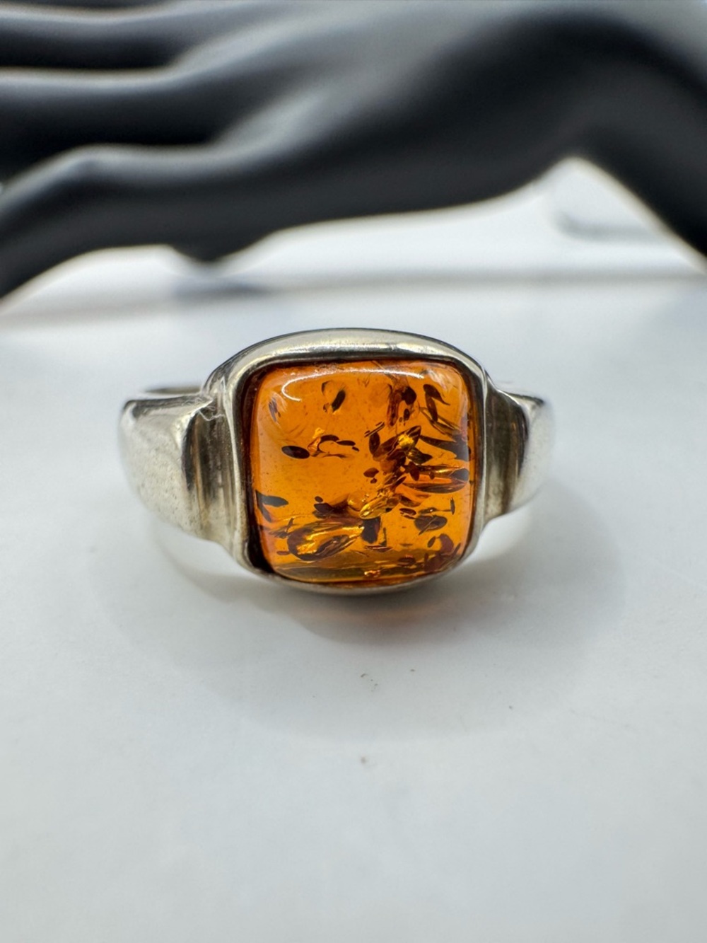 Sterling Silver Ring with Honey Amber Cabochon, Size 7.5